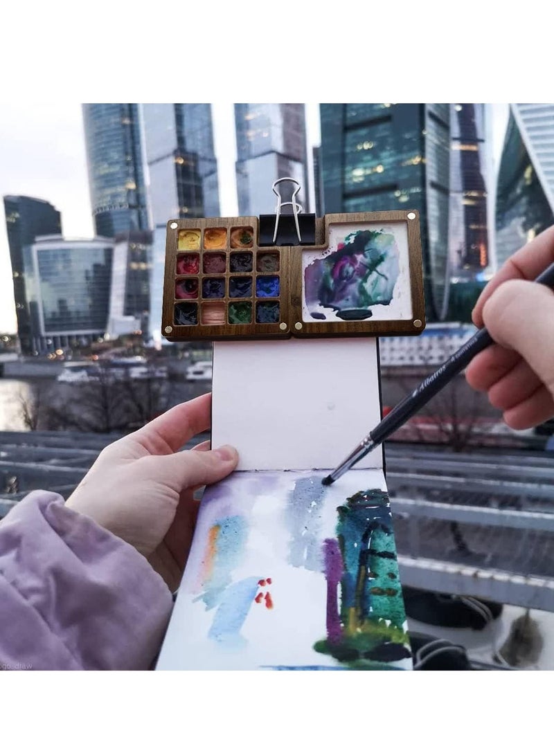 Excefore Watercolor Palette, 15 Color Sketchbook Palette, Wooden Watercolor Palette Box, Travel Paint Palette for Drawing, Gift for Painters, Come with a Clip - Image 4