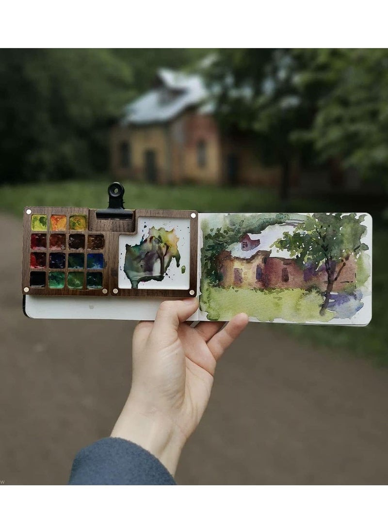 Excefore Watercolor Palette, 15 Color Sketchbook Palette, Wooden Watercolor Palette Box, Travel Paint Palette for Drawing, Gift for Painters, Come with a Clip - Image 2