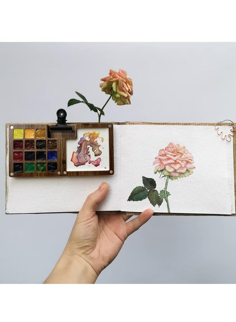Excefore Watercolor Palette, 15 Color Sketchbook Palette, Wooden Watercolor Palette Box, Travel Paint Palette for Drawing, Gift for Painters, Come with a Clip - Image 3