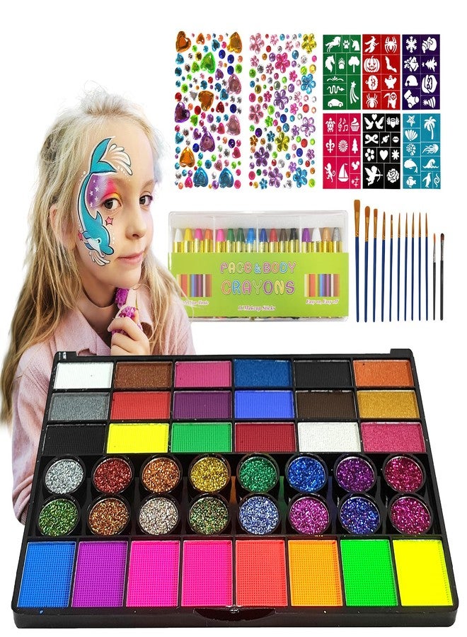 SAM SUGAR Face Painting for Kids 42 Colors Non-Toxic Vibrant Colors Professional kids face painting with 16 Crayons 56 Sticky Stencils 12 Paint Brushes for Halloween Parties - Image 1