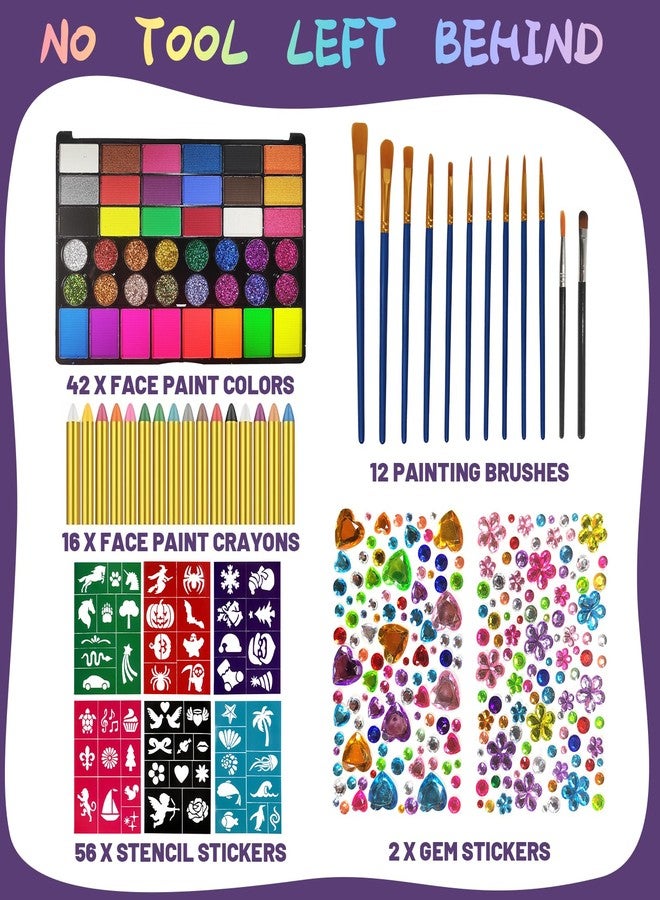 SAM SUGAR Face Painting for Kids 42 Colors Non-Toxic Vibrant Colors Professional kids face painting with 16 Crayons 56 Sticky Stencils 12 Paint Brushes for Halloween Parties - Image 2