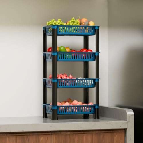 Biltoxi Kitchen Storage Rack | 4 Layer Blue Plastic Vegetable & Fruit Basket Organizer Stand | Space Saving Trolley Shelf for Onion, Potato, Grocery Storage - Image 1
