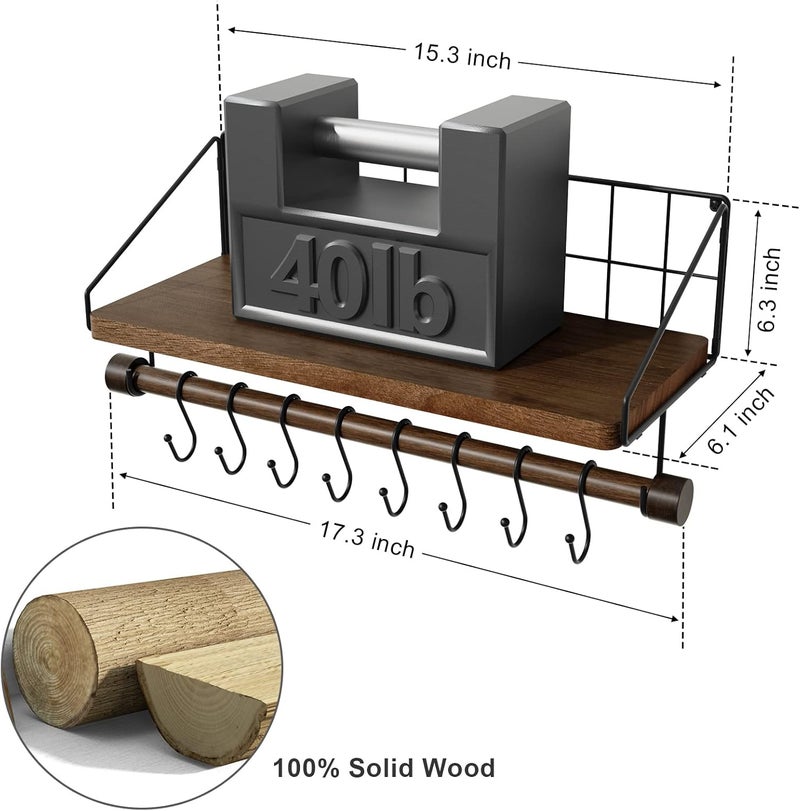 Alsonerbay Wall Shelf, Wooden Spice Rack, Kitchen Shelf, Wall, Floating Shelf, Black Metal with 8 Removable Hooks and Towel Rail, Cup Shelf for Kitchen, Living Room, Bathroom, Dark Brown - Image 3