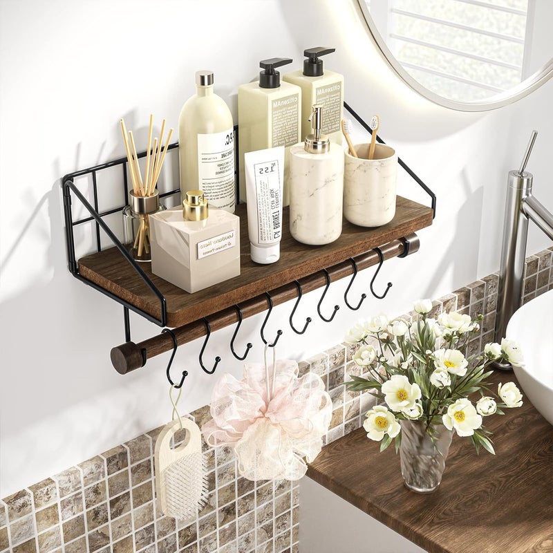 Alsonerbay Wall Shelf, Wooden Spice Rack, Kitchen Shelf, Wall, Floating Shelf, Black Metal with 8 Removable Hooks and Towel Rail, Cup Shelf for Kitchen, Living Room, Bathroom, Dark Brown - Image 2