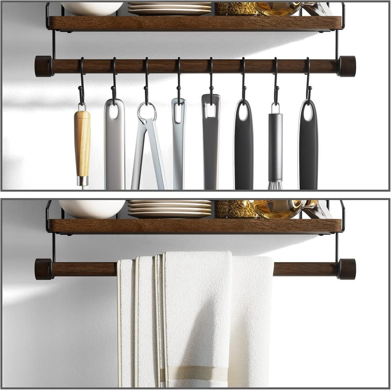 Alsonerbay Wall Shelf, Wooden Spice Rack, Kitchen Shelf, Wall, Floating Shelf, Black Metal with 8 Removable Hooks and Towel Rail, Cup Shelf for Kitchen, Living Room, Bathroom, Dark Brown - Image 5