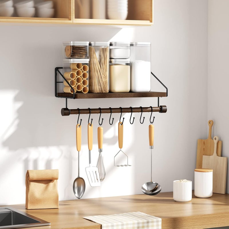 Alsonerbay Wall Shelf, Wooden Spice Rack, Kitchen Shelf, Wall, Floating Shelf, Black Metal with 8 Removable Hooks and Towel Rail, Cup Shelf for Kitchen, Living Room, Bathroom, Dark Brown - Image 4