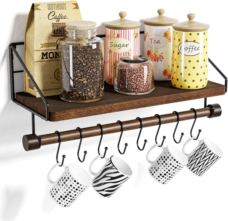 Alsonerbay Wall Shelf, Wooden Spice Rack, Kitchen Shelf, Wall, Floating Shelf, Black Metal with 8 Removable Hooks and Towel Rail, Cup Shelf for Kitchen, Living Room, Bathroom, Dark Brown - Image 1