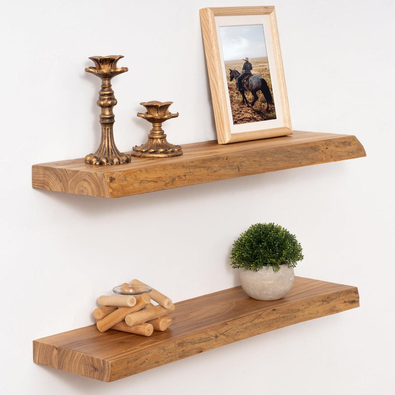 Marsmiles 24 inch Floating Shelves for Wall Elm Wood Live Edge Shelves|Rustic Wall Shelves with Invisible Heavy-Duty Bracket for Bathroom Living Room Kitchen|Natural, 2 Pack - Image 1