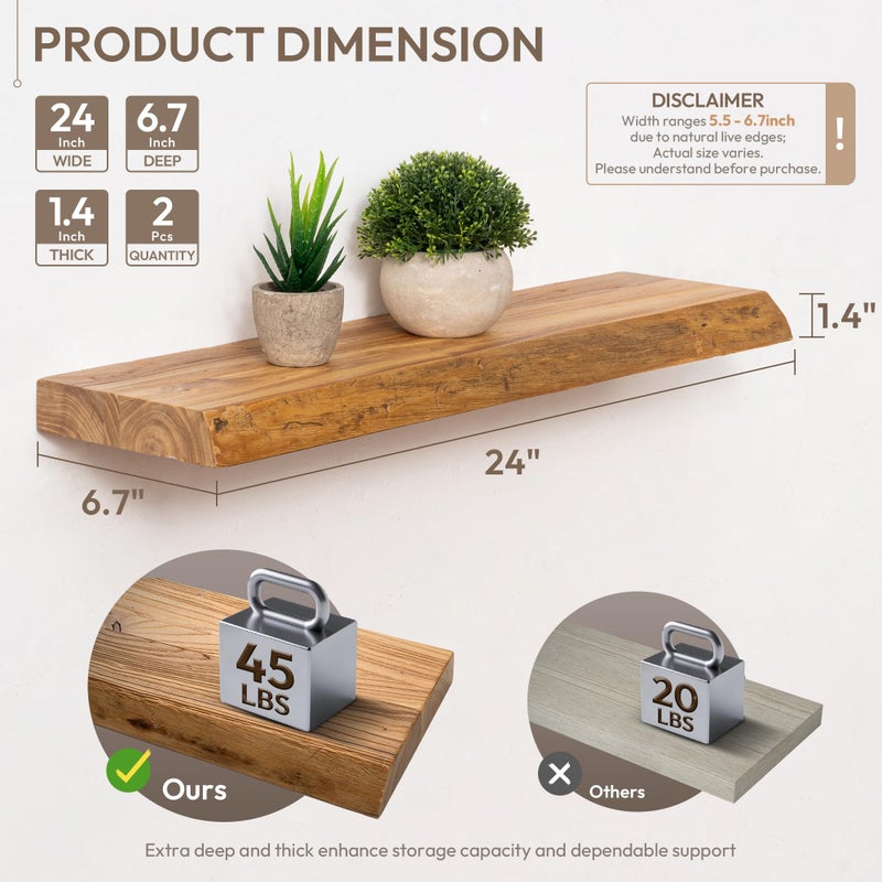 Marsmiles 24 inch Floating Shelves for Wall Elm Wood Live Edge Shelves|Rustic Wall Shelves with Invisible Heavy-Duty Bracket for Bathroom Living Room Kitchen|Natural, 2 Pack - Image 2