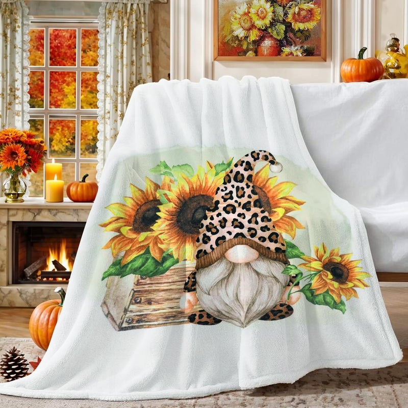 tiosggd Fall Sunflower Gnomes Blanket 60x50 Inches Gnome Gifts for Women Kids Adults Mom Friends Soft Flannel Fleece Throw Blanket for Couch Sofa Bed Back to School Birthday Gifts 60x50