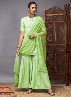 SASSAFRAS Lace Detail Kurti and Flared Pant with Bandani Print Dupatta by Styli  - Image 1