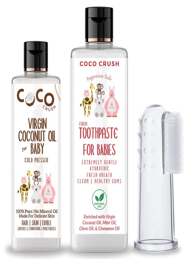 Coco Crush مجموعة زيت جوز الهند البكر ومعجون الأسنان وفرشاة أسنان للأطفال | نقي 100%، طبيعي، آمن للابتلاع، ومعصور على البارد (50 مل زيت جوز الهند + 100 مل معجون أسنان + فرشاة واحدة) (150 مل) - Image 1
