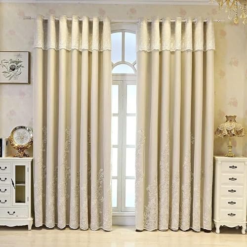 Amidoudou 1 Pair European Double Layer Curtains for Living Room Bedroom Luxury Flower Embroidered Curtains Beige51x90 Inch - Image 3