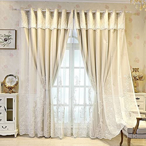 Amidoudou 1 Pair European Double Layer Curtains for Living Room Bedroom Luxury Flower Embroidered Curtains Beige51x90 Inch - Image 1