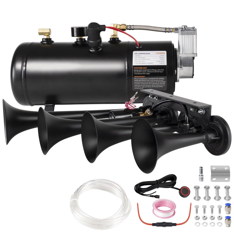 AOLIHAN Super Loud Train Horns Kit180dB Four Trumpet Truck Horns with 150 PSI Air Tank12V Air horn with 08 gallon Air Compressor Can for Truck JeepPickupSUV Black truck parallel horn kit - Image 3