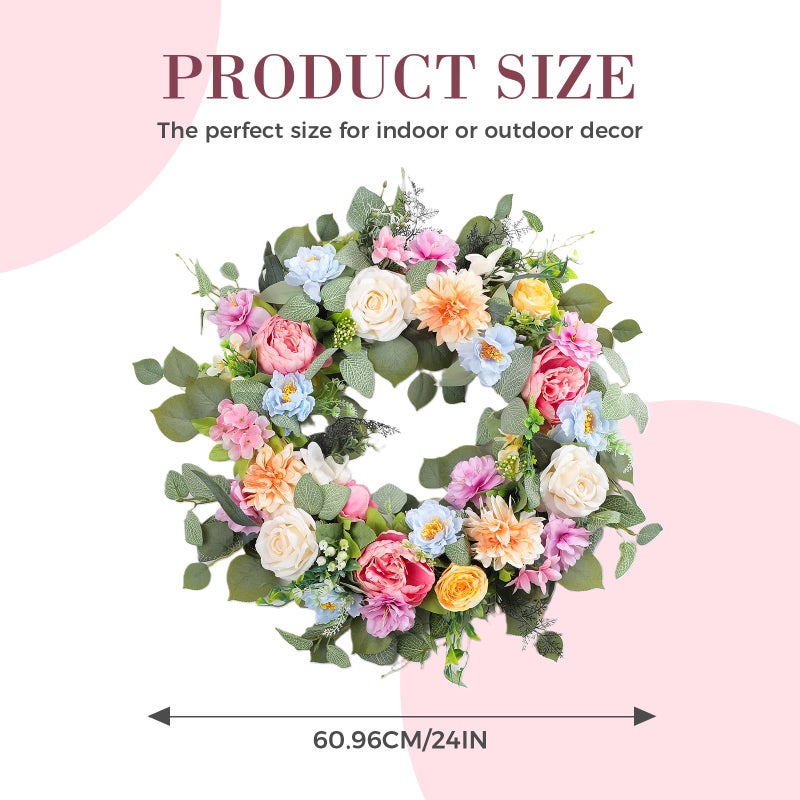 Ecerangus Spring Wreaths for Front Door,Summer Wreath with Peony Rose and Dahlia Flowers,24 Inch Floral Door Wreath for All Seasons Outside Outdoor Indoor Wall Wedding Holiday Home Decor - Image 4