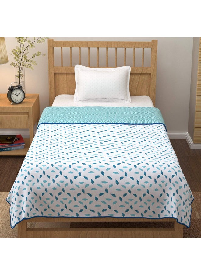 Story@Home Story@Home Comforter Single Bed | 100% Cotton Blanket Single Bed | 150GSM | 144X 220m | AC Comforter Single Bed | White & Blue Blanket | Leaf Pattern | Quilt | Duvet | Dohar | Perfect Festive Gifting  - Image 4