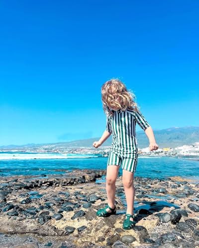LDIOIF Toddler Boys One Piece Bathing Suit Zipper Short Sleeve Rash Guard Quick Dry Green Stripe Swimsuit 18-24 Month UPF 50+ - Image 5