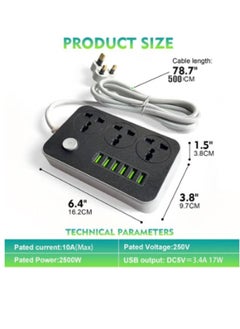 OULIYO 9-in-1 Universal Extension Cord with 3 Power Sockets and 6 USB Slots, Featuring a 3-Way Power Strip with a USB Type-C Charging Slot, Suitable for Home and Office Use, 5-Meter Extension Cord  - Image 4