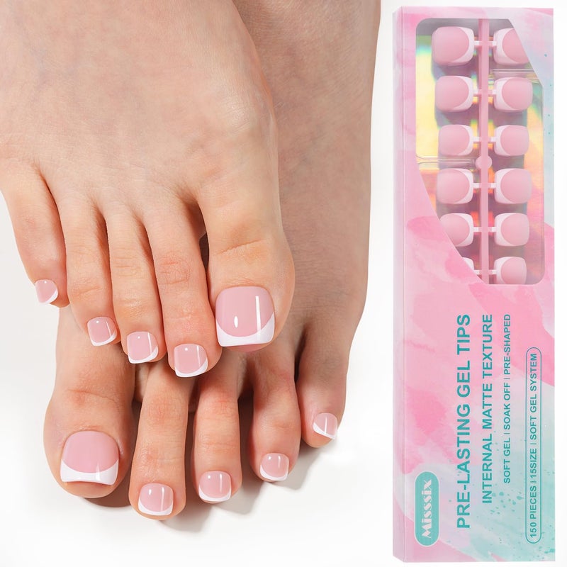 Misssix Press On Toe nails Short, 150Pcs Pink French Toe Nail Tips, Square Soft Gel Fake Toe Nail Tips Extensions for Women Nail Art DIY 15 Sizes - Image 1
