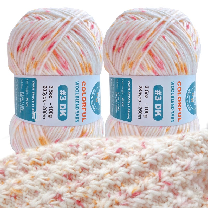 FREEASYFAR 2 Pack Wool Blend Yarn 2x35oz 285yds 3 DK 20 Wool 80 Acrylic Variegated SinglePly Soft Crochet Knitting Wool Yarn for Sweaters Scarves Hats Blushing Ivory - Image 3