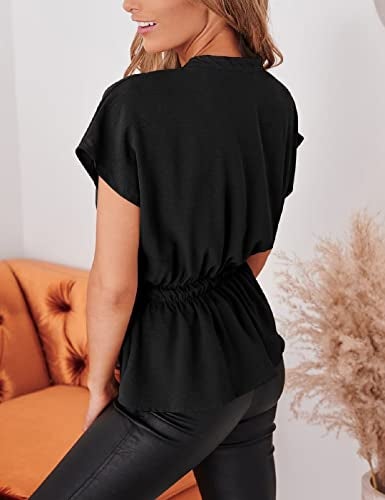 CiCiBird Womens Button Down Blouses Casual Peplum Summer Tops Dressy Chiffon Work Blouse Black - Image 2
