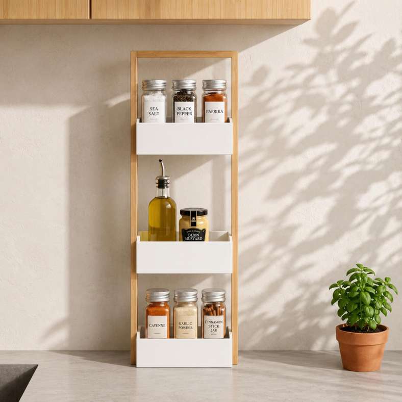 Pan Home Iliad 3 Tier Bamboo Storage Caddy 25x18x67cm - White/Natural - 213MTA9900195 - Image 2