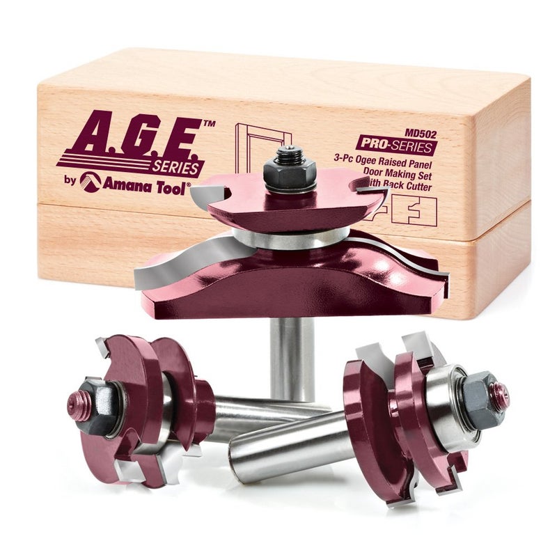 AGE Series by Amana Tool MD502 Raised Panel Door Making Carbide Tipped Router Bit Set with Back Cutter with 12Inch Shank 3Piece