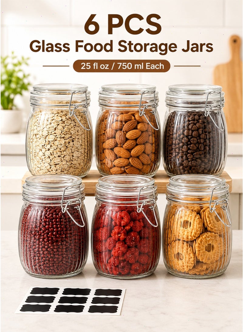 Glass jar, 6Pcs Food Storage Jar Container, Airtight Glass Canisters with Lids Set with Clamp Lids for Kitchen Canning Cereal Coffee Pasta Sugar Beans Spice - Image 1