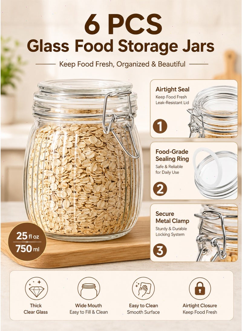 Glass jar, 6Pcs Food Storage Jar Container, Airtight Glass Canisters with Lids Set with Clamp Lids for Kitchen Canning Cereal Coffee Pasta Sugar Beans Spice - Image 3