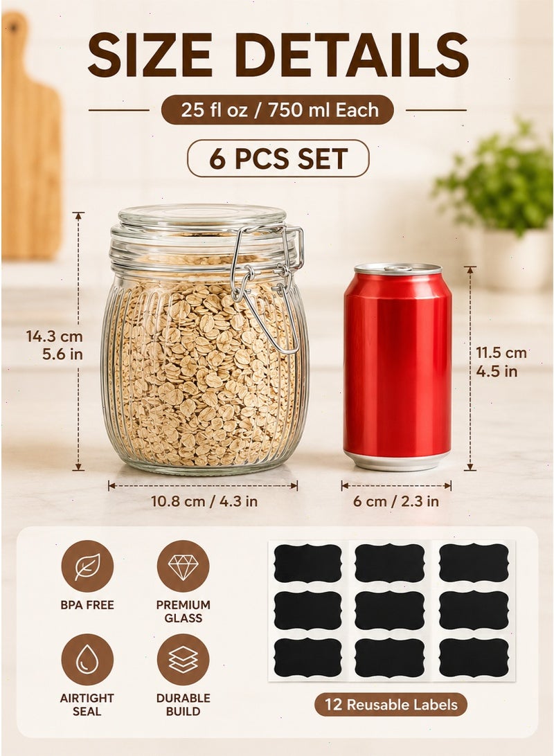 Glass jar, 6Pcs Food Storage Jar Container, Airtight Glass Canisters with Lids Set with Clamp Lids for Kitchen Canning Cereal Coffee Pasta Sugar Beans Spice - Image 2