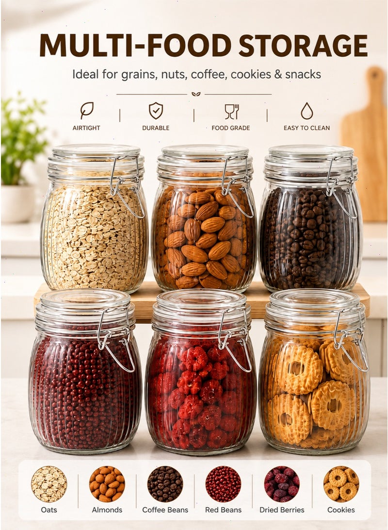 Glass jar, 6Pcs Food Storage Jar Container, Airtight Glass Canisters with Lids Set with Clamp Lids for Kitchen Canning Cereal Coffee Pasta Sugar Beans Spice - Image 5