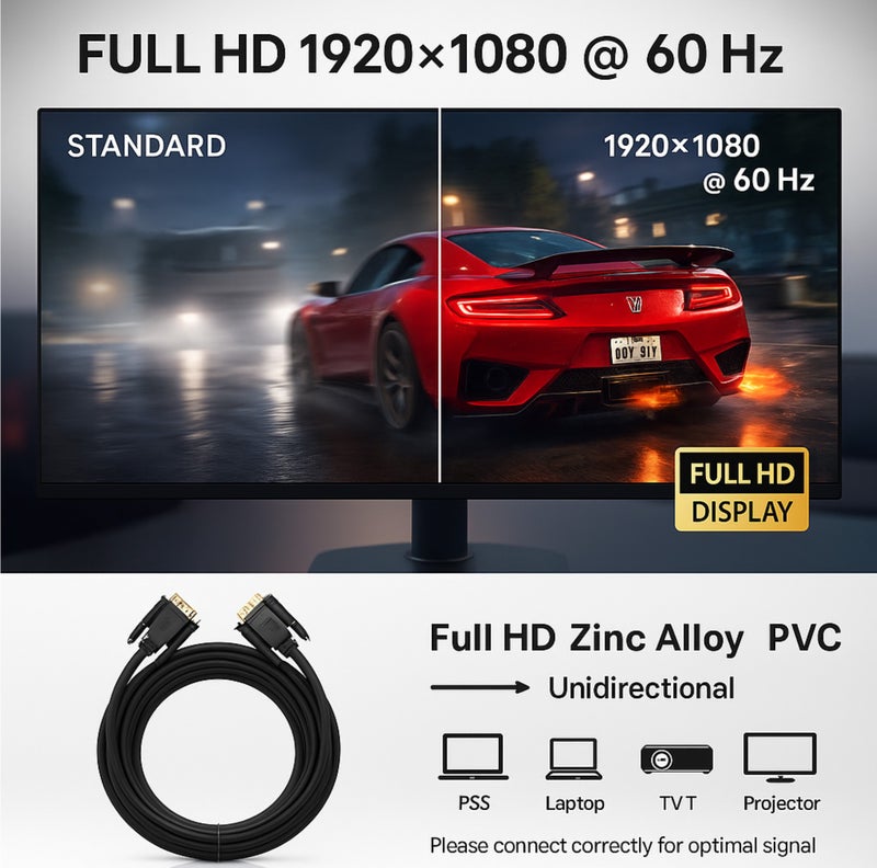 COMPIX VGA Cable 10M, 15 Pin Male to Male High Speed 1080P Full HD Display Cable, Durable Premium Monitor Cord for Strong Signals, VGA Cables for Computer Mac Mini PC Gaming Laptop MacBook - Black - Image 4