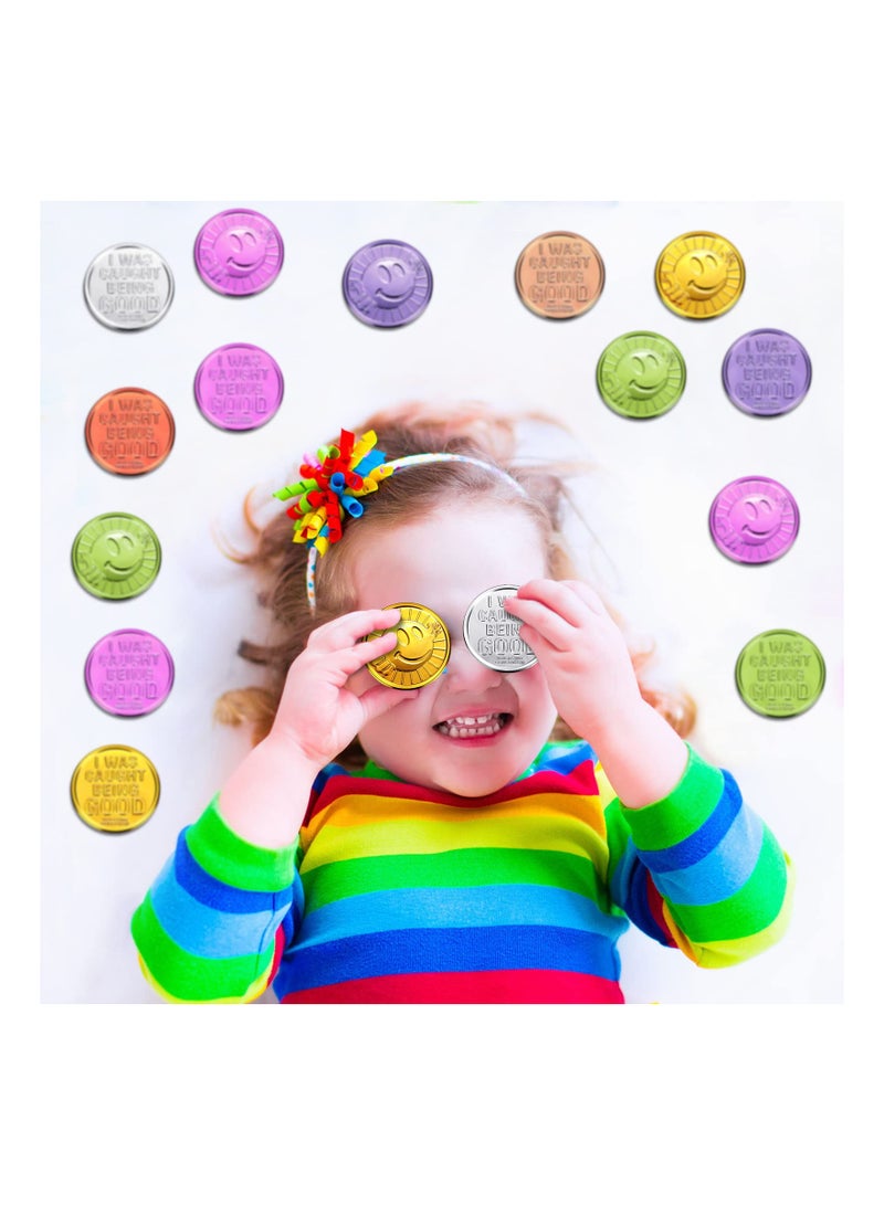 SYOSI Colorful Coin, Caught Being Good Coins Kids Behavior Tokens Classroom Behavior Incentives Coin Reward Tokens Smile Face Coin for Kids, Smile Face Fake Money Coins, Ideal School Reward (100 Pieces)  - Image 2