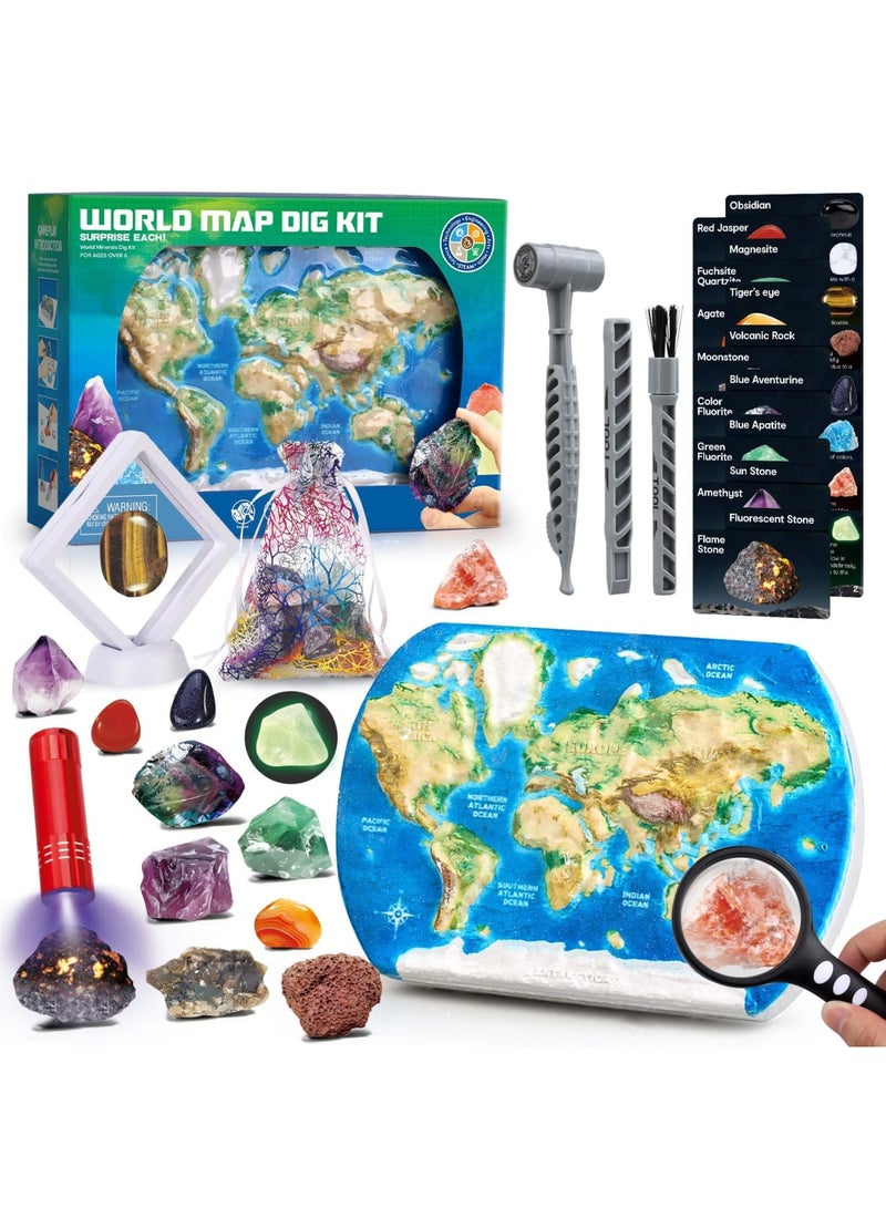 SYOSI World Map Gemstone Dig Kit – Educational Rock Excavation Toy for Boys & Girls 6+, Includes 16 Rocks, Glow-in-the-Dark & UV Effects, Fossil Digging Fun,Ideal Birthday Gift for Kids - Image 1