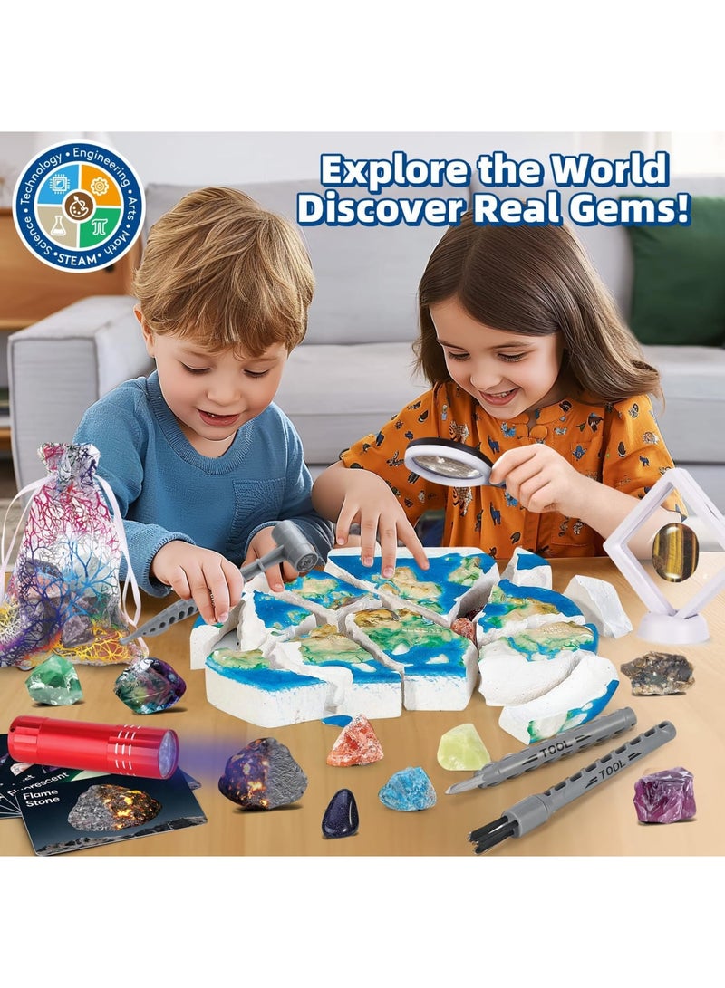 SYOSI World Map Gemstone Dig Kit – Educational Rock Excavation Toy for Boys & Girls 6+, Includes 16 Rocks, Glow-in-the-Dark & UV Effects, Fossil Digging Fun,Ideal Birthday Gift for Kids - Image 2