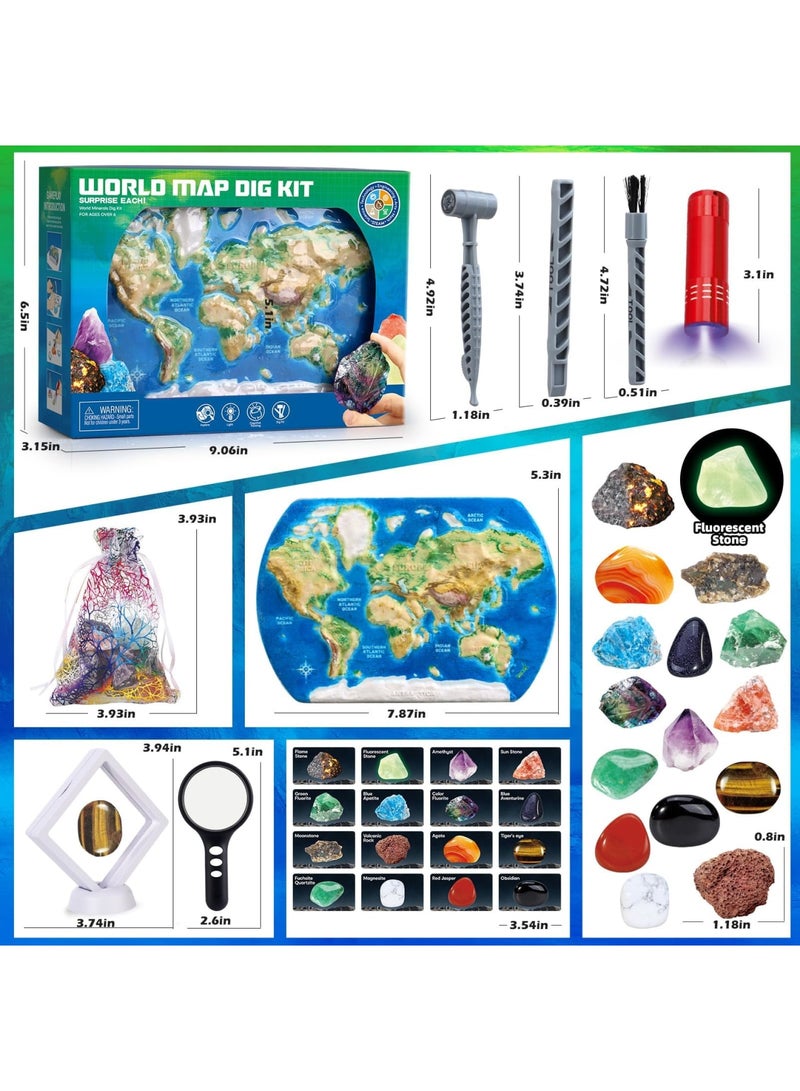 SYOSI World Map Gemstone Dig Kit – Educational Rock Excavation Toy for Boys & Girls 6+, Includes 16 Rocks, Glow-in-the-Dark & UV Effects, Fossil Digging Fun,Ideal Birthday Gift for Kids - Image 4