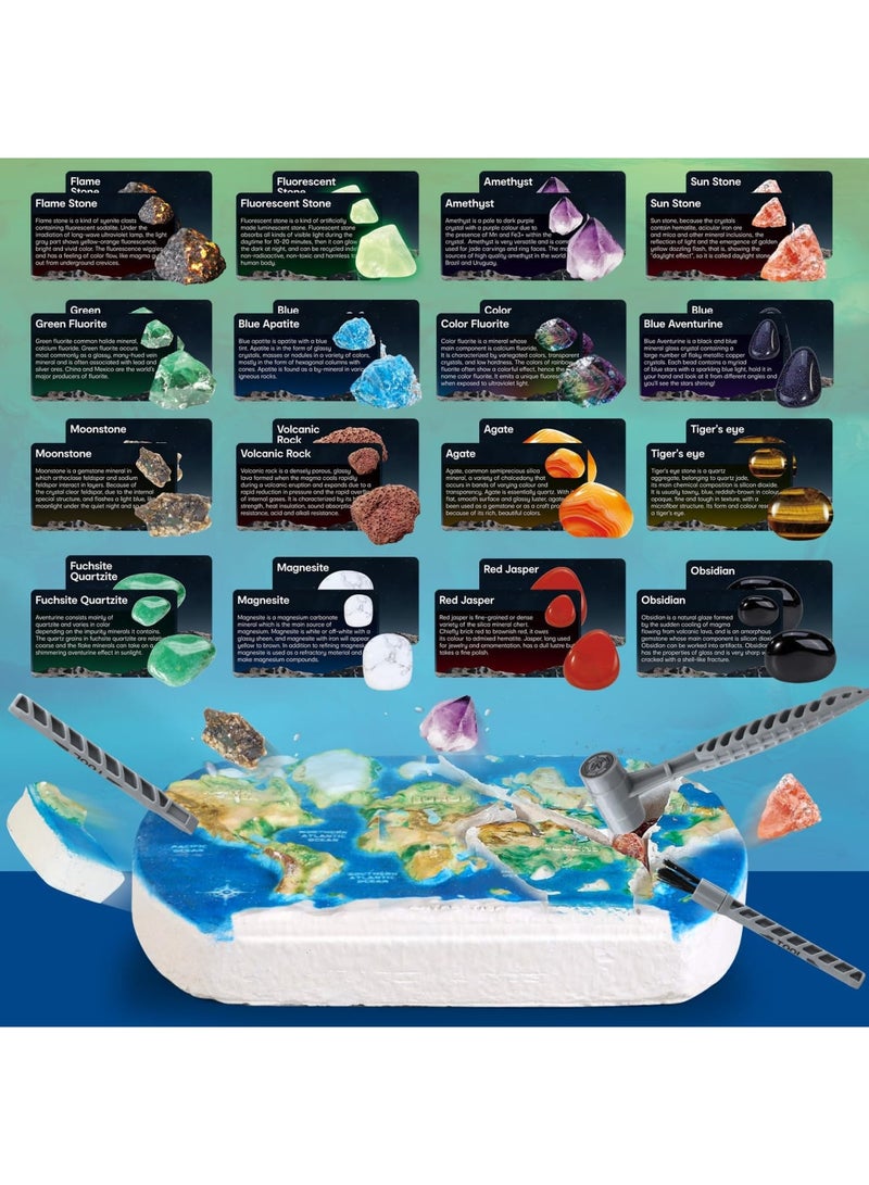 SYOSI World Map Gemstone Dig Kit – Educational Rock Excavation Toy for Boys & Girls 6+, Includes 16 Rocks, Glow-in-the-Dark & UV Effects, Fossil Digging Fun,Ideal Birthday Gift for Kids - Image 5