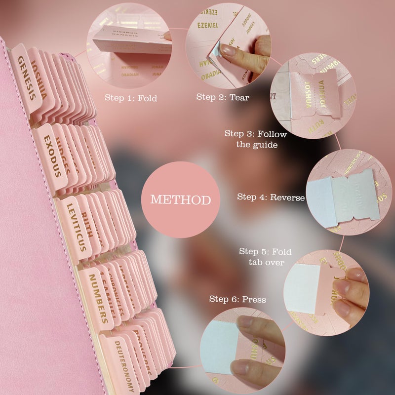 Erilano Bible Index Tabs for Women - 80 Large Gold Foil Laminated Leather Paper Bible Study Journaling Supplies, 66 Old New Testament + 14 Blank Self-Stick Tabs Easy Navigation & Organization (Pink) - Image 3
