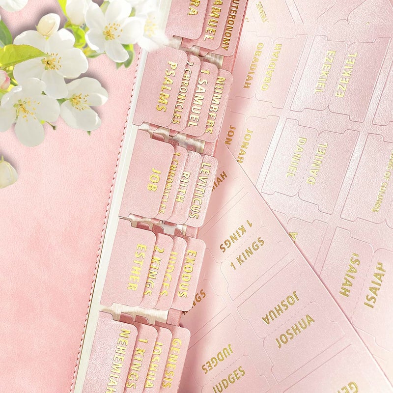 Erilano Bible Index Tabs for Women - 80 Large Gold Foil Laminated Leather Paper Bible Study Journaling Supplies, 66 Old New Testament + 14 Blank Self-Stick Tabs Easy Navigation & Organization (Pink) - Image 1