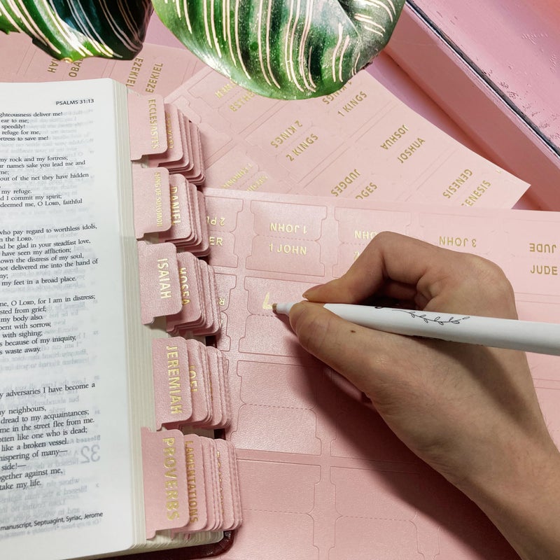 Erilano Bible Index Tabs for Women - 80 Large Gold Foil Laminated Leather Paper Bible Study Journaling Supplies, 66 Old New Testament + 14 Blank Self-Stick Tabs Easy Navigation & Organization (Pink) - Image 4