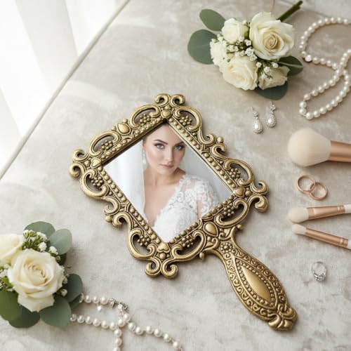 KridayKraft Beautifully Carved Square Shape Gold Plating Metal Hand Mirror for Makeup, Travelling, Salon Mirror & Decorative Antique Item, framed - Image 1