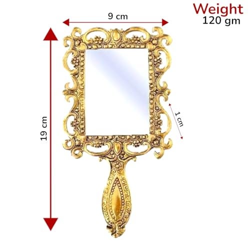 KridayKraft Beautifully Carved Square Shape Gold Plating Metal Hand Mirror for Makeup, Travelling, Salon Mirror & Decorative Antique Item, framed - Image 2