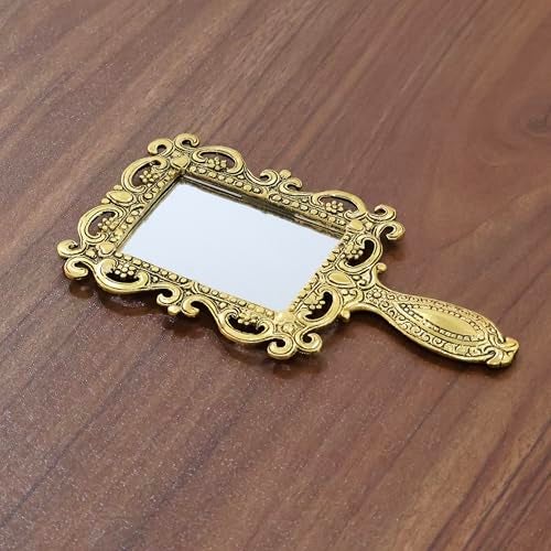 KridayKraft Beautifully Carved Square Shape Gold Plating Metal Hand Mirror for Makeup, Travelling, Salon Mirror & Decorative Antique Item, framed - Image 3