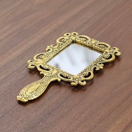 KridayKraft Beautifully Carved Square Shape Gold Plating Metal Hand Mirror for Makeup, Travelling, Salon Mirror & Decorative Antique Item, framed - Image 4