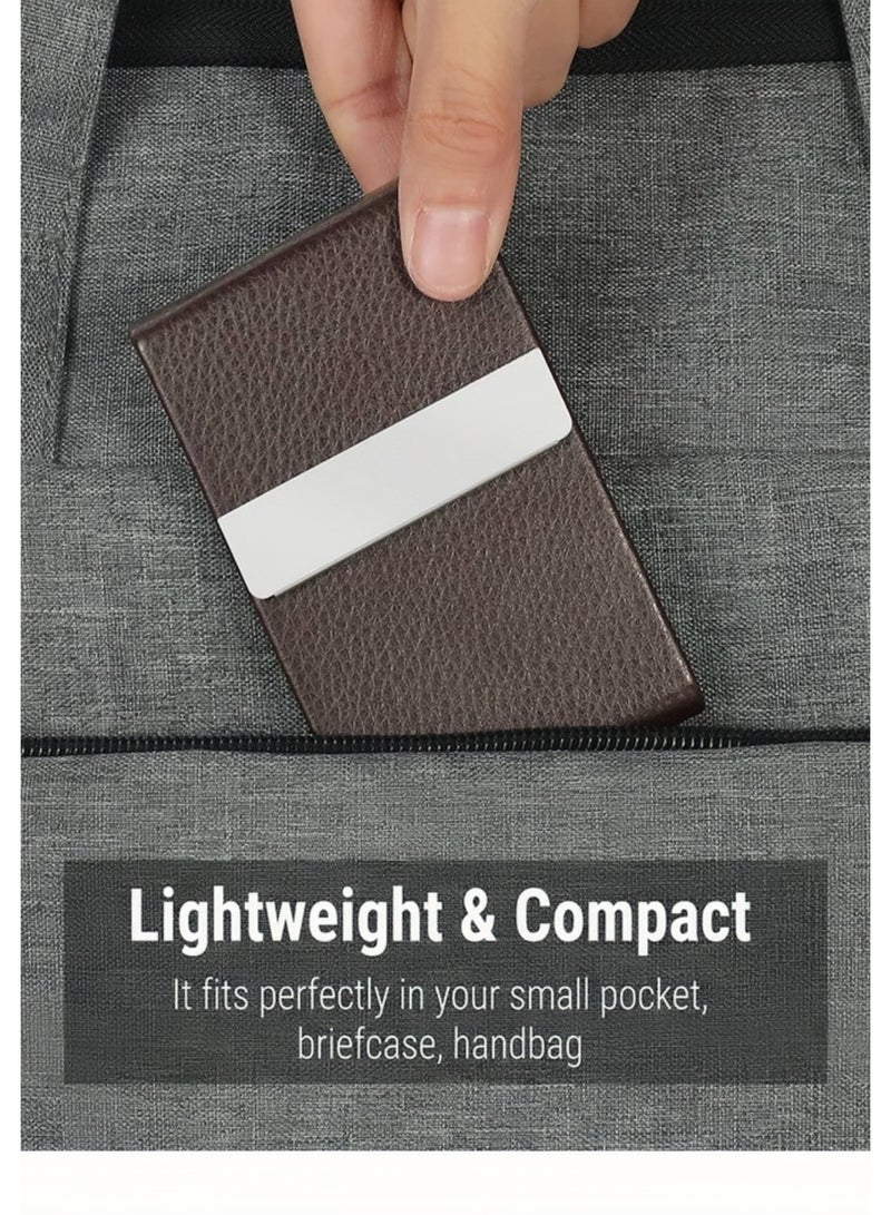 Lee Yon Deluxe Executive Business Card Holder - Premium Leather & Stainless Steel Case for Men & Women, Slim Design with Magnetic Closure, Holds up to 25 Business Cards, Cigarette Case (Dark Coffee) - Image 2