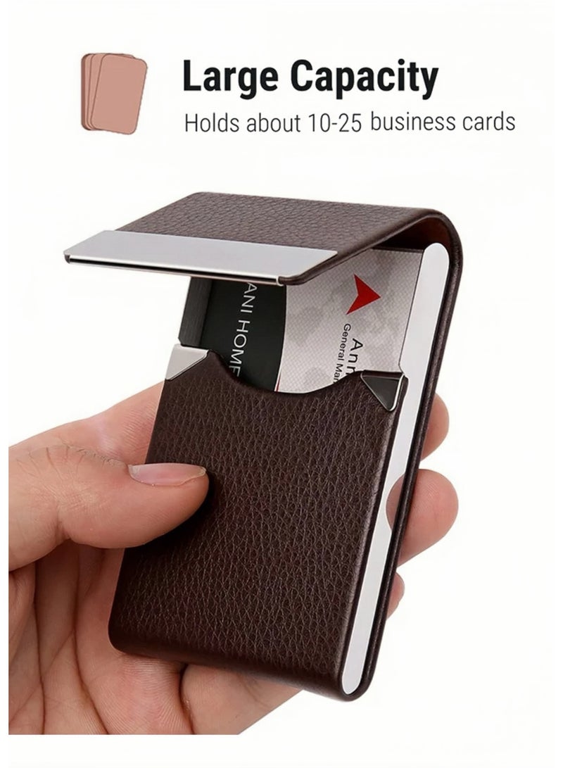 Lee Yon Deluxe Executive Business Card Holder - Premium Leather & Stainless Steel Case for Men & Women, Slim Design with Magnetic Closure, Holds up to 25 Business Cards, Cigarette Case (Dark Coffee) - Image 3