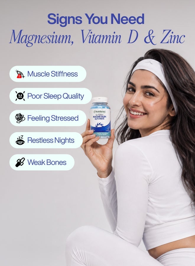 Nutrifactor Glycinex – Magnesium Glycinate 500mg with Vitamin D3 & Zinc – Supports Muscle, Bone & Nerve Health – 30 Capsules - Image 5