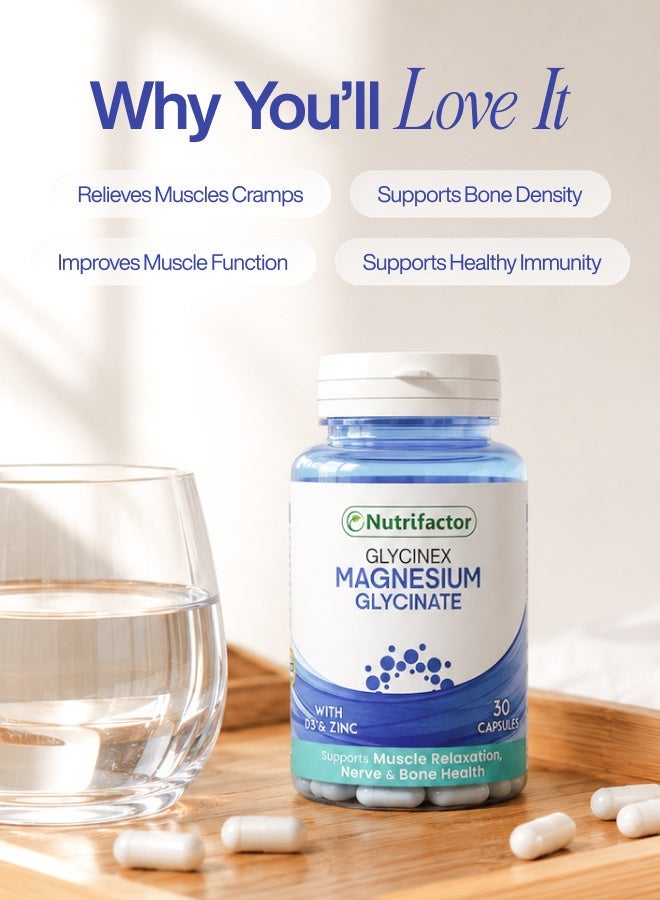 Nutrifactor Glycinex – Magnesium Glycinate 500mg with Vitamin D3 & Zinc – Supports Muscle, Bone & Nerve Health – 30 Capsules - Image 3
