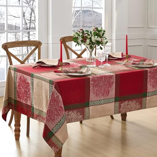 Elrene Home Fashions Prestige Poinsettia Jacquard Woven Cotton ChristmasHoliday Rectangle Tablecloth 52x70 - Image 3